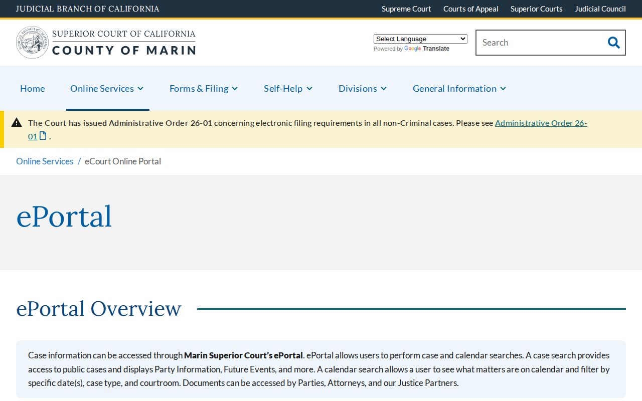 Marin County arrest case and court disposition records portal