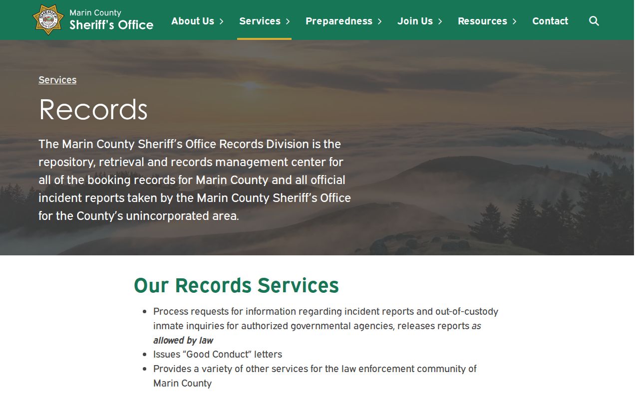 Marin County booking record and mugshot request page