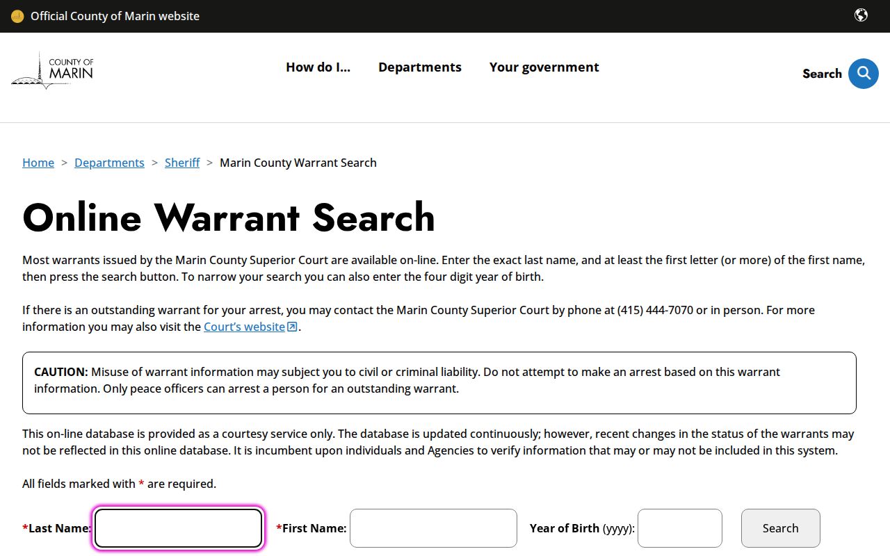Marin County official warrant record search form