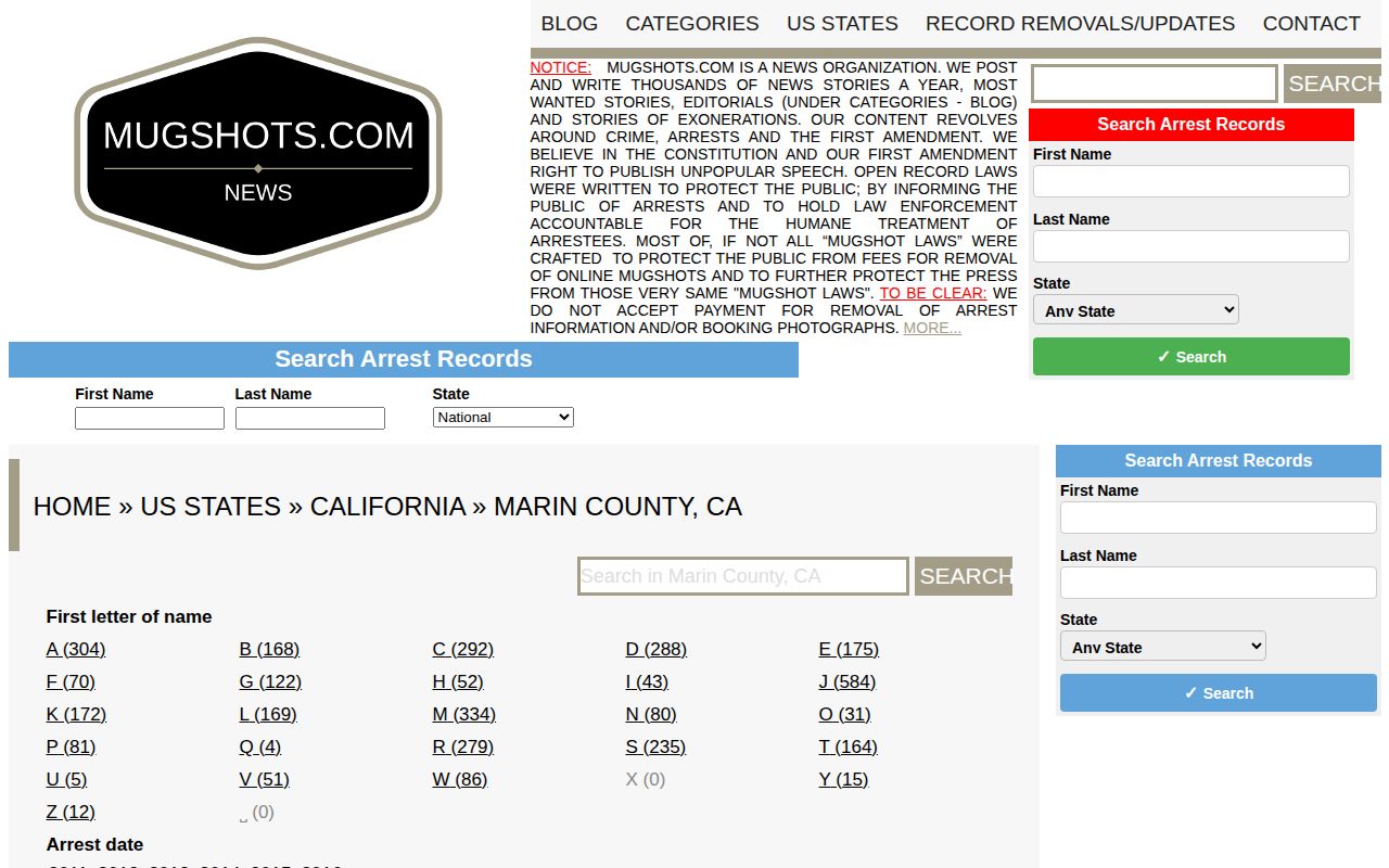Unofficial Mugshots.com Marin County historical arrest record archive index