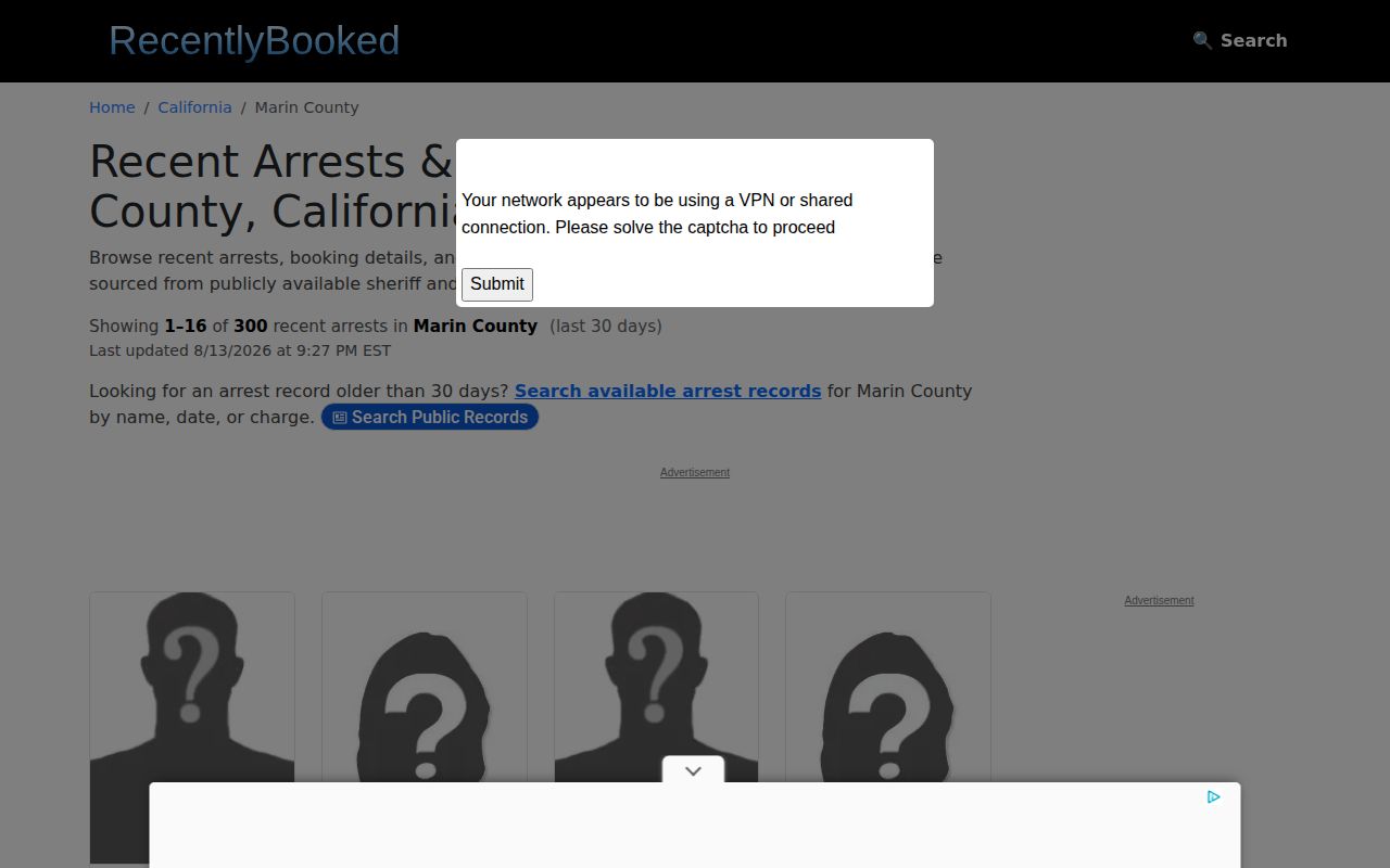 Unofficial RecentlyBooked Marin County booking record section with image placeholders